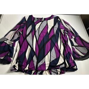 Women Alfani L purple black abstract floral top blouse sleeve sheer 2-layered